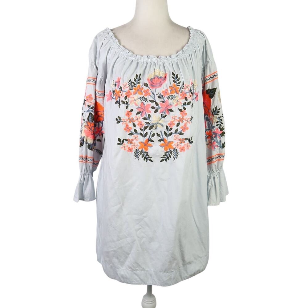 Free People Light Wash Blue Denim Floral Embroidered Off Shoulder Mini Dress M